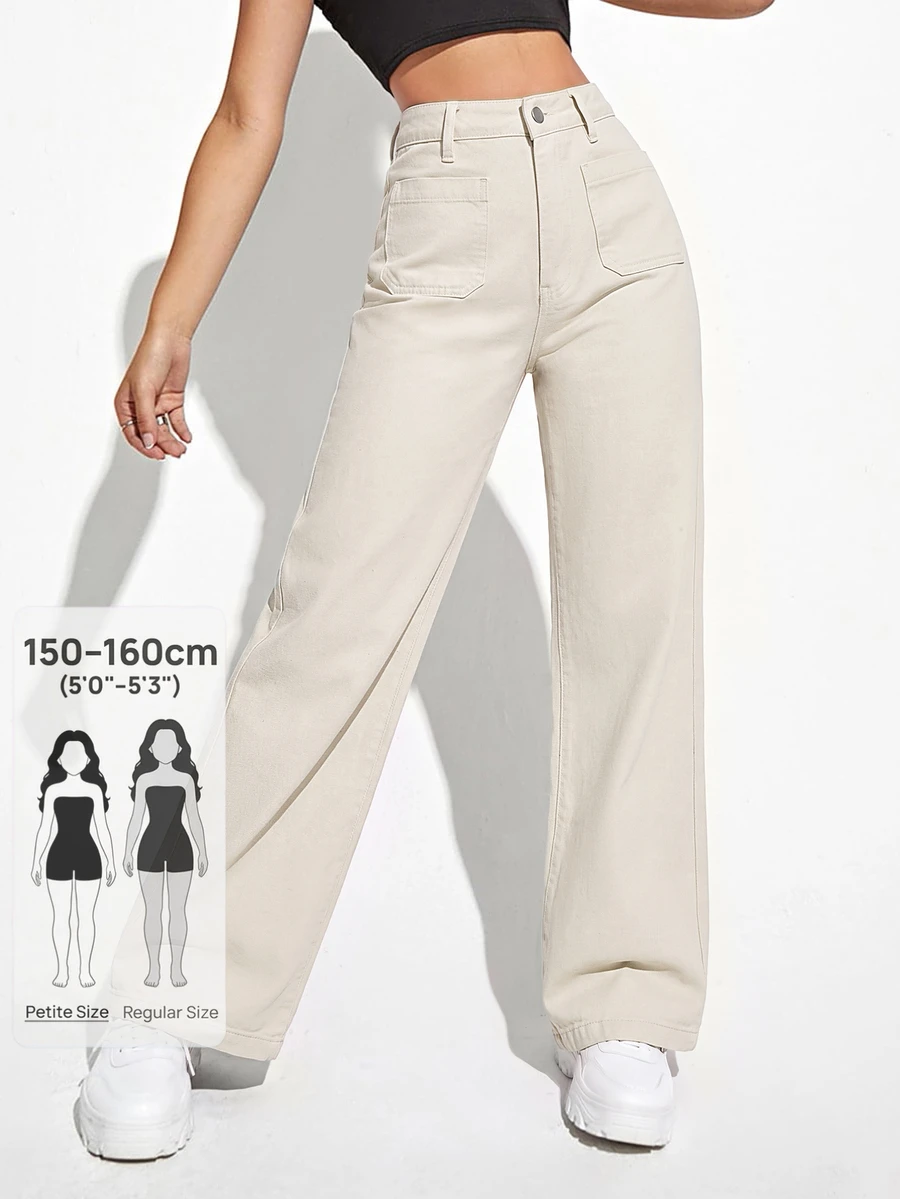Jeanoix Petite Y2K Women's Fashion Button Pocket Straight Leg Denim Jeans - Apricot - View 1
