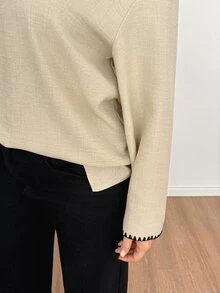 SHEIN Essnce Plus Size Elegant Shell Embroidery Contrast Color Long Sleeve Blouse For Women Autumn Casual Daily Going Out Work Formal Office Brunch Beige - Apricot - View 7