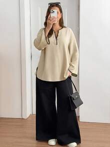 SHEIN Essnce Plus Size Elegant Shell Embroidery Contrast Color Long Sleeve Blouse For Women Autumn Casual Daily Going Out Work Formal Office Brunch Beige - Apricot - View 5