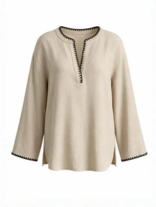 SHEIN Essnce Plus Size Elegant Shell Embroidery Contrast Color Long Sleeve Blouse For Women Autumn Casual Daily Going Out Work Formal Office Brunch Beige - Apricot - View 6