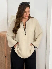SHEIN Essnce Plus Size Elegant Shell Embroidery Contrast Color Long Sleeve Blouse For Women Autumn Casual Daily Going Out Work Formal Office Brunch Beige - Apricot - View 3