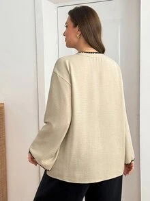 SHEIN Essnce Plus Size Elegant Shell Embroidery Contrast Color Long Sleeve Blouse For Women Autumn Casual Daily Going Out Work Formal Office Brunch Beige - Apricot - View 4