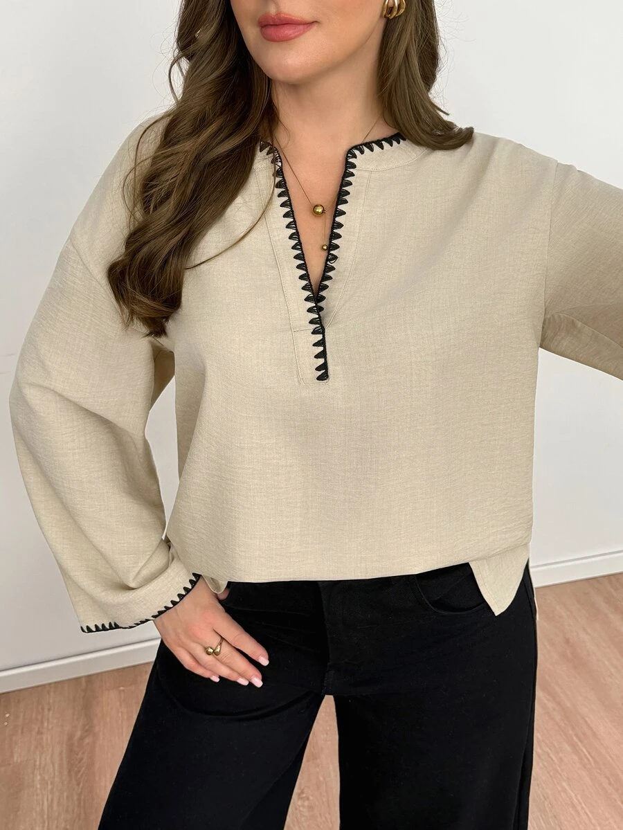 SHEIN Essnce Plus Size Elegant Shell Embroidery Contrast Color Long Sleeve Blouse For Women Autumn Casual Daily Going Out Work Formal Office Brunch Beige