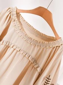 CosyJoli Plus Size Women Spring/Autumn Casual Vacation Floral Embroidery Frill Trim Loose Blouse Fall - Apricot - View 8