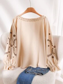 CosyJoli Plus Size Women Spring/Autumn Casual Vacation Floral Embroidery Frill Trim Loose Blouse Fall - Apricot - View 5