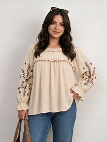 CosyJoli Plus Size Women Spring/Autumn Casual Vacation Floral Embroidery Frill Trim Loose Blouse Fall - Apricot - View 4