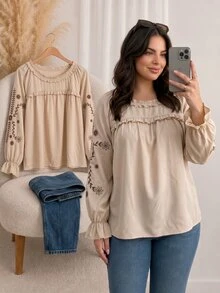 CosyJoli Plus Size Women Spring/Autumn Casual Vacation Floral Embroidery Frill Trim Loose Blouse Fall - Apricot - View 3