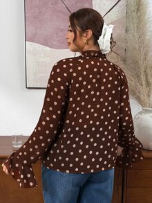 Lounesse Plus Size Women's Brown Pattern Ruffle Front Tie Long Sleeve Elegant 1920 Vintage Blouse Casual Daily Brunch Going Out Tea Party Formal Office Summer - Brown - View 2