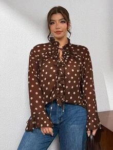 Lounesse Plus Size Women's Brown Pattern Ruffle Front Tie Long Sleeve Elegant 1920 Vintage Blouse Casual Daily Brunch Going Out Tea Party Formal Office Summer - Brown - View 6