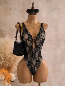 Costavie Sexy Lace Backless One-Piece Swimsuit - Black - View 6