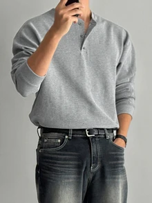 DAZY Spring/Autumn Gray Waffle Texture Fabric Round Neck Half-Button Long Sleeve Men's T-Shirt - Grey - View 5
