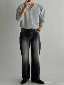 DAZY Spring/Autumn Gray Waffle Texture Fabric Round Neck Half-Button Long Sleeve Men's T-Shirt - Grey - View 3