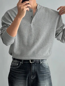 DAZY Spring/Autumn Gray Waffle Texture Fabric Round Neck Half-Button Long Sleeve Men's T-Shirt - Grey - View 2