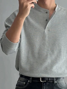 DAZY Spring/Autumn Gray Waffle Texture Fabric Round Neck Half-Button Long Sleeve Men's T-Shirt - Grey - View 7