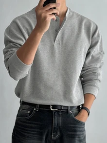 DAZY Spring/Autumn Gray Waffle Texture Fabric Round Neck Half-Button Long Sleeve Men's T-Shirt - Grey - View 1