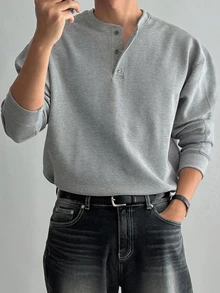 DAZY Spring/Autumn Gray Waffle Texture Fabric Round Neck Half-Button Long Sleeve Men's T-Shirt - Grey - View 6