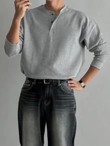 DAZY Spring/Autumn Gray Waffle Texture Fabric Round Neck Half-Button Long Sleeve Men's T-Shirt - Grey - View 4