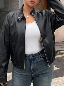 Dazy Plus Spring/Autumn New Distressed Leather Jacket Short Valentine's Day Outerwear Women's Regular Jacket Plus Size - Black - View 1