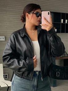 Dazy Plus Spring/Autumn New Distressed Leather Jacket Short Valentine's Day Outerwear Women's Regular Jacket Plus Size - Black - View 4