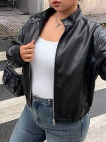 Dazy Plus Spring/Autumn New Distressed Leather Jacket Short Valentine's Day Outerwear Women's Regular Jacket Plus Size - Black - View 3