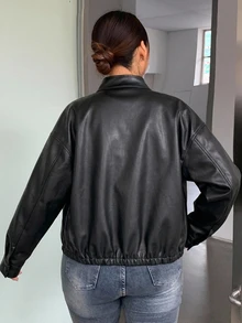 Dazy Plus Spring/Autumn New Distressed Leather Jacket Short Valentine's Day Outerwear Women's Regular Jacket Plus Size - Black - View 2