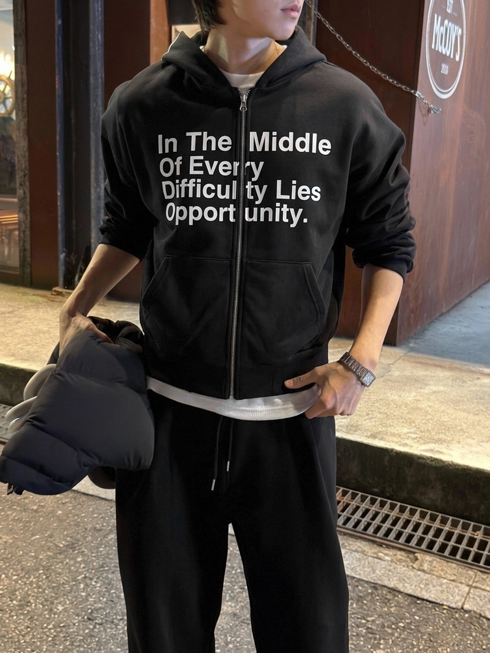 Men's Black Sweatshirt Hoodie With White Letter Print And Elastic Waist Long Pants Sweatshirt Set Fall