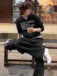 DAZY Men's Black Sweatshirt Hoodie With White Letter Print And Elastic Waist Long Pants Sweatshirt Set Fall - Black - View 7
