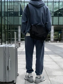 DAZY Men's Navy Blue Hooded Loose Sweatshirt And Elastic Waist Cuffed Sweatpants Set, Spring/Autumn - Navy Blue - View 2