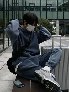 DAZY Men's Navy Blue Hooded Loose Sweatshirt And Elastic Waist Cuffed Sweatpants Set, Spring/Autumn - Navy Blue - View 7