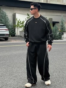 DAZY Black Linear Decor Crew Neck Pullover Sweatshirt With Elastic Waist Long Pants Men's Pullover Sweatshirt Set Fall - Black - View 3