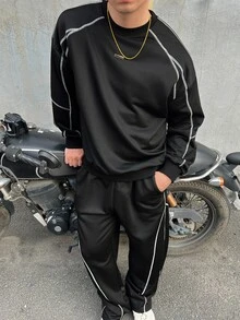 DAZY Black Linear Decor Crew Neck Pullover Sweatshirt With Elastic Waist Long Pants Men's Pullover Sweatshirt Set Fall - Black - View 6