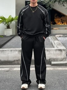 DAZY Black Linear Decor Crew Neck Pullover Sweatshirt With Elastic Waist Long Pants Men's Pullover Sweatshirt Set Fall - Black - View 4
