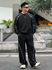 DAZY Black Linear Decor Crew Neck Pullover Sweatshirt With Elastic Waist Long Pants Men's Pullover Sweatshirt Set Fall - Black - View 1