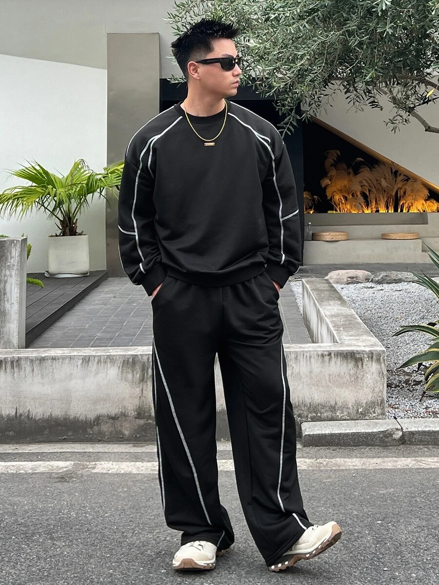 DAZY Black Linear Decor Crew Neck Pullover Sweatshirt With Elastic Waist Long Pants Men's Pullover Sweatshirt Set Fall - Black - View 1