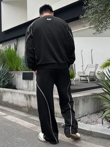 DAZY Black Linear Decor Crew Neck Pullover Sweatshirt With Elastic Waist Long Pants Men's Pullover Sweatshirt Set Fall - Black - View 2