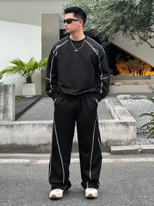 DAZY Black Linear Decor Crew Neck Pullover Sweatshirt With Elastic Waist Long Pants Men's Pullover Sweatshirt Set Fall - Black - View 5