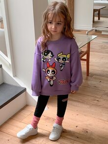 THE POWERPUFF GIRLS X DAZY Young Girl Letter Cartoon Graphic Long Sleeve Sweatshirt And Leggings Casual Daily Outfit Set Fall - Purple - View 3