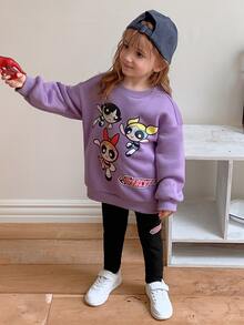 THE POWERPUFF GIRLS X DAZY Young Girl Letter Cartoon Graphic Long Sleeve Sweatshirt And Leggings Casual Daily Outfit Set Fall - Purple - View 7
