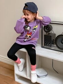 THE POWERPUFF GIRLS X DAZY Young Girl Letter Cartoon Graphic Long Sleeve Sweatshirt And Leggings Casual Daily Outfit Set Fall - Purple - View 6