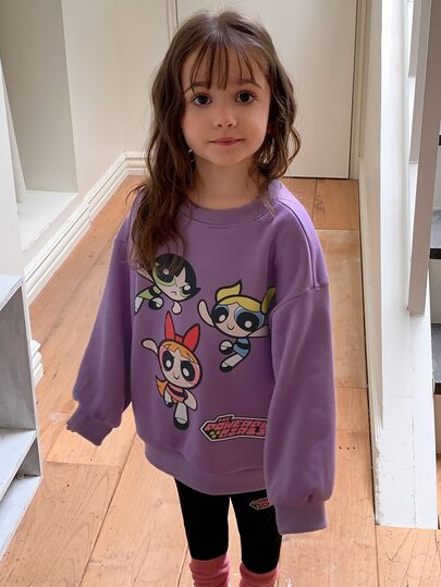 THE POWERPUFF GIRLS X DAZY Young Girl Letter Cartoon Graphic Long Sleeve Sweatshirt And Leggings Casual Daily Outfit Set Fall