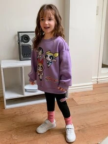 THE POWERPUFF GIRLS X DAZY Young Girl Letter Cartoon Graphic Long Sleeve Sweatshirt And Leggings Casual Daily Outfit Set Fall - Purple - View 4
