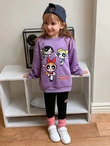 THE POWERPUFF GIRLS X DAZY Young Girl Letter Cartoon Graphic Long Sleeve Sweatshirt And Leggings Casual Daily Outfit Set Fall - Purple - View 2