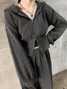 FRIFUL Setelan 2 Potong Atasan Crop Top Berkerudung dengan Resleting Ganda dan Celana Jogging untuk Wanita di Musim Gugur - Grey - View 5