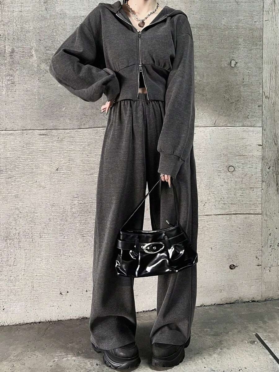 FRIFUL Setelan 2 Potong Atasan Crop Top Berkerudung dengan Resleting Ganda dan Celana Jogging untuk Wanita di Musim Gugur - Grey - View 1