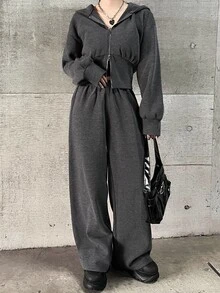 FRIFUL Setelan 2 Potong Atasan Crop Top Berkerudung dengan Resleting Ganda dan Celana Jogging untuk Wanita di Musim Gugur - Grey - View 4