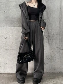 FRIFUL Setelan 2 Potong Atasan Crop Top Berkerudung dengan Resleting Ganda dan Celana Jogging untuk Wanita di Musim Gugur - Grey - View 3