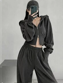 FRIFUL Setelan 2 Potong Atasan Crop Top Berkerudung dengan Resleting Ganda dan Celana Jogging untuk Wanita di Musim Gugur - Grey - View 9
