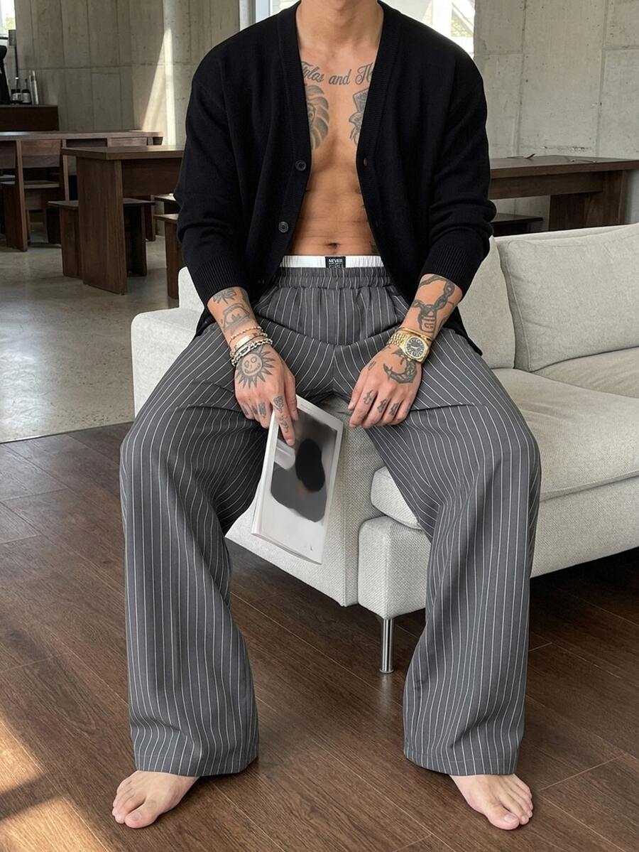 DAZY Men Casual Striped Pants Fall - Dark Grey - View 1