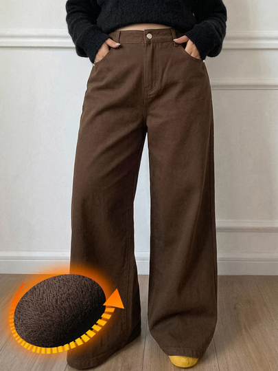 Dazy Plus Solid Color Casual Fun Commute Brown Straight Leg Long Pants Denim All Season Autumn/Winter New