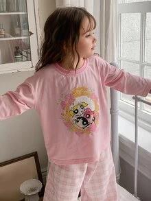 THE POWERPUFF GIRLS X DAZY Young Girl Cartoon Print Long Sleeve Top And Pants Casual Daily Home Pajama Set Fall - Baby Pink - View 6